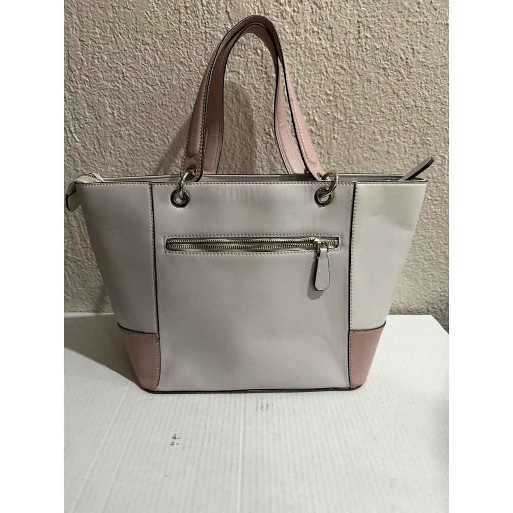 Guess Blush & Cream Colorblock Tote Bag Gold Logo Charm Pom Pom Large